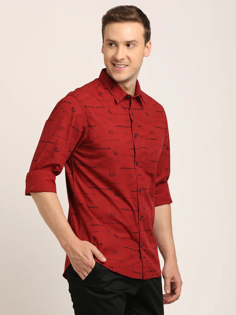 Indian Terrain Men's Slim Fit Full Sleeve Typography Maroon Shirt